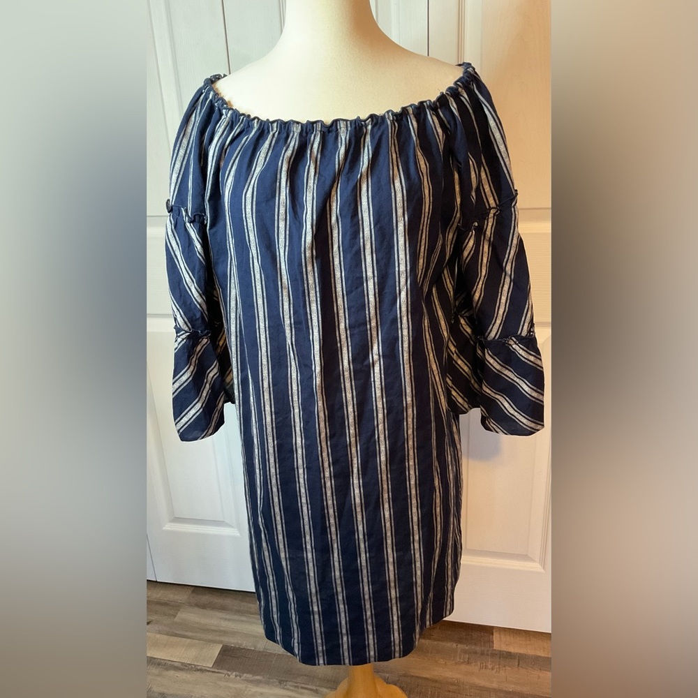 Anthropologie Drew‎ Navy Gray Striped Peasant Sleeve Dress Size Large